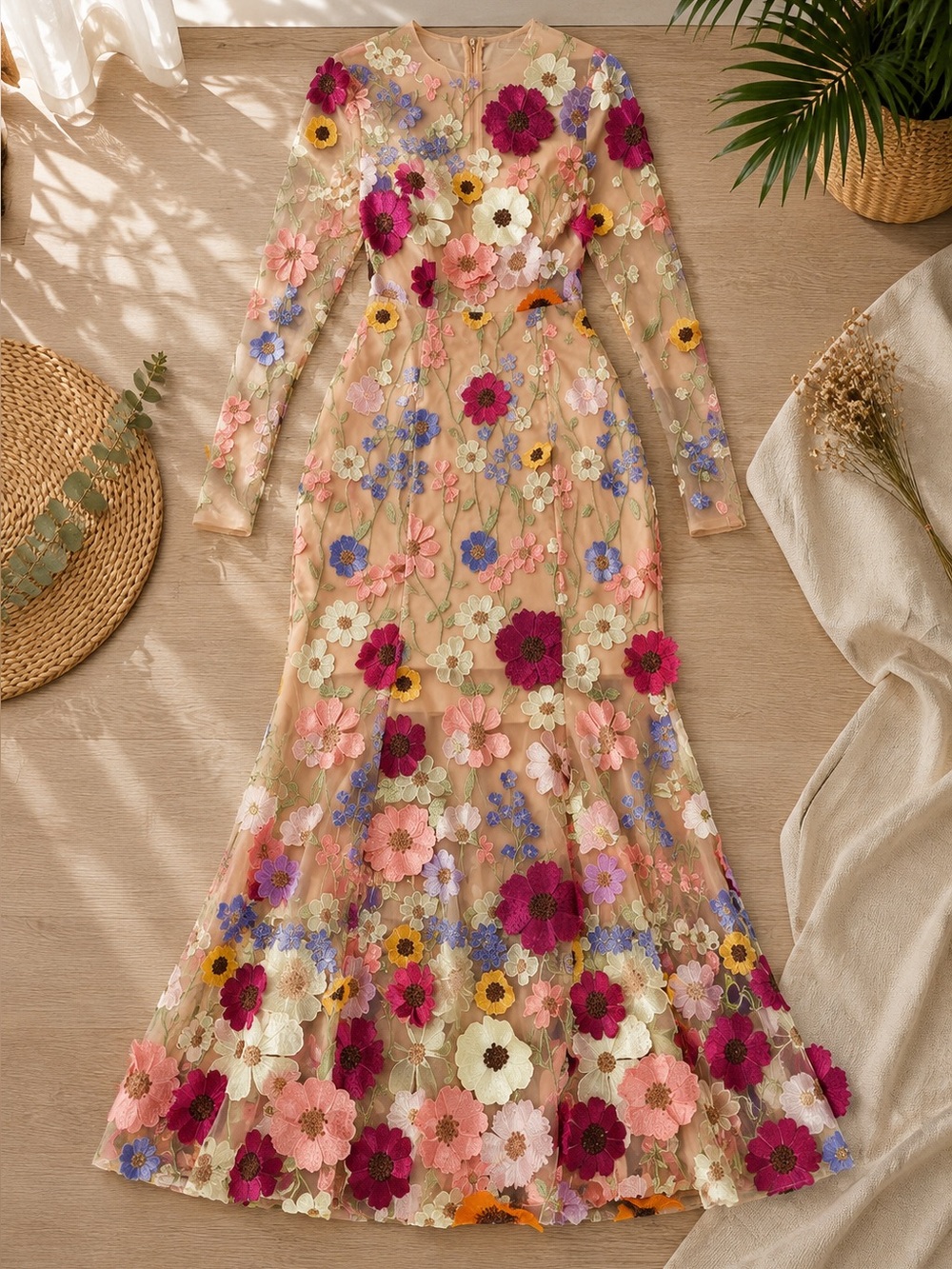 Nude Floral Appliqué Maxi Dress with Multicolor Blooms - Picture 1 of 3